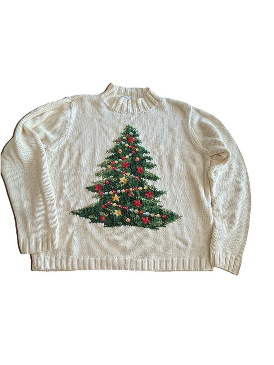 Liz Claiborne Sweaters - Vintage 1990s Liz Claiborne Christmas Tree Sweater Ivory Mock Neck Large